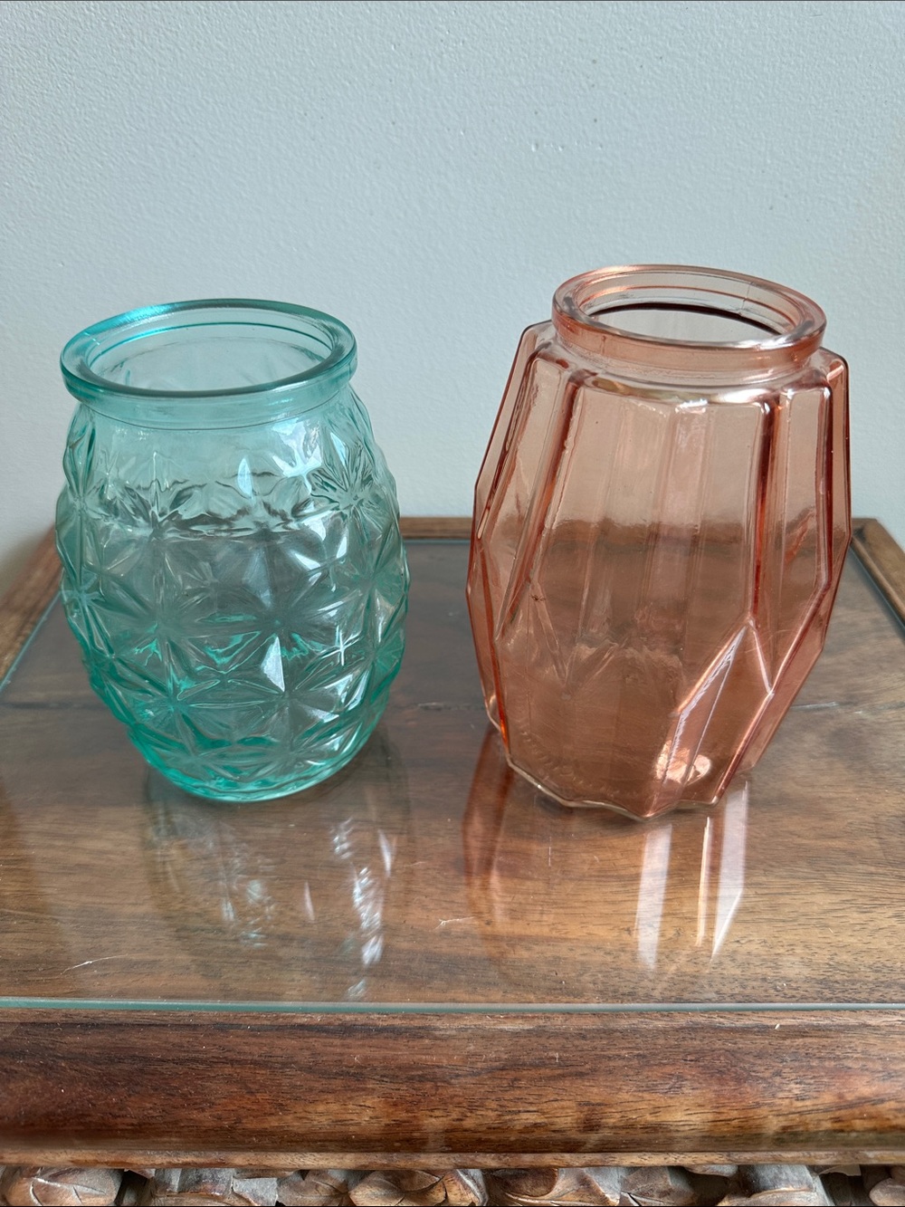 Vintage DPS Polatis Aqua Blue Glass and DPS Diamond peachy  6” Vases